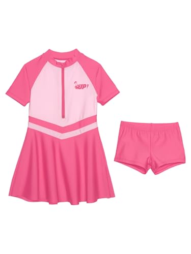 Kids Girls 2-Piece Summer Beach Swimsuit Short Sleeve Swim Dress and Shorts Set Sun Protection Swimwear3