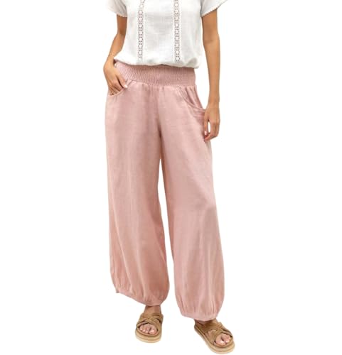 Women's Linen Cotton Wide Leg Pants Loose Fit Elastic Waist Trousers with Pockets Casual Beach Lounge