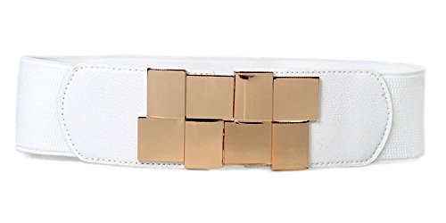 Womens Elasticity Stretch Gold-Plated Buckle Dress Waist Belt,Width 2.3inch(6cm) (White)