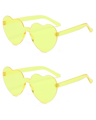 JUKOTA Lunettes de Soleil en Forme de Coeur, Lunettes Parti de Soleil Hippie Lunettes de Soleil Transparentes en Forme de Cœur sans Monture pour été Party Cosplay de Fête Noël, jaune citron