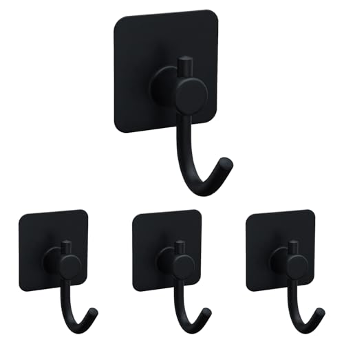 Freshfresh 4 Pack Self Adhesive Hooks Towel Hanger Stainless Steel Stick on Wall for Coat Robe Clothes Bathroom Shower Toiletries Kitchen Storage, Waterproof & Heavy Duty Sticky, Black