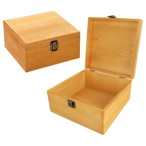 LOLYSIC 2 Pack Vintage Wooden Storage Box Container with Hinged Lid and Front Clasp, 7.7 x 7.7 x 4 Inch Handmade Wooden Box, Wooden Keepsake Boxes, Rustic Wood Boxes for Crafts Art Hobbies Decoratio Cover