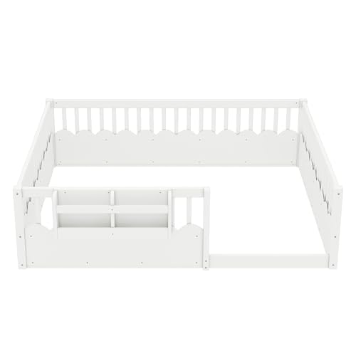 Image of Bellemave Queen Size Kids Montessori Floor Bed,Solid Wood Floor Bed Frame with Bookshelf and High Fence for Kids,Girls,Boys,White