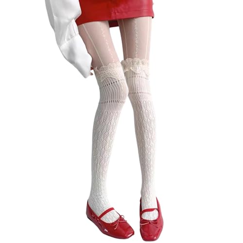 Pjeghbvop Chaussettes au-dessus du genou avec motif dentelle, chaussette souple en acrylique pour les amateurs de mode et tenues vintage, chaussettes de fête punk, crème, taille unique