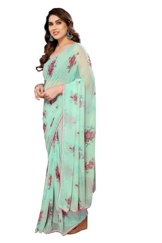 Image of ROOP SUNDARI SAREES Readymade Pleated Pre Drape Stitched Floral Printed Georgette Saree For Women's With Lace Border & Blouse(Ready To Wear One Minute)