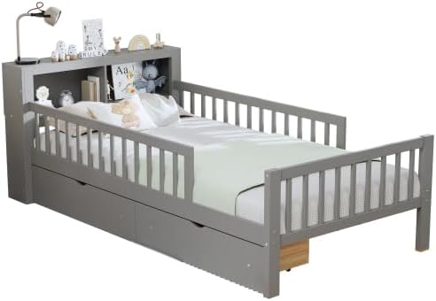 Miniatura 9 de Bellemave Base de cama individual para niños con vallas, 2 cajones y cabecera de almacenamiento, cama de plataforma de tamaño individual con