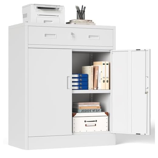 Aktenschrank, Mehrzweckschrank, Büroschrank mit 2 Türen, Schrank abschließbar, Aufbewahrungsschrank Stahl, 1 Schublade und 1 Verstellbarer Einlegeboden für Büro, Garage(Weiß, 90 * 80 * 40)