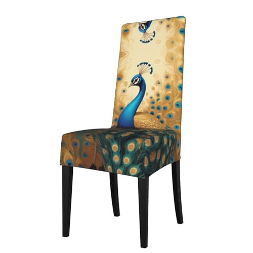 WZYWHJ Funda extraíble para silla de comedor con estampado de pavo real dorado, cómoda y suave, elástica para cocina, sala de estar y cena