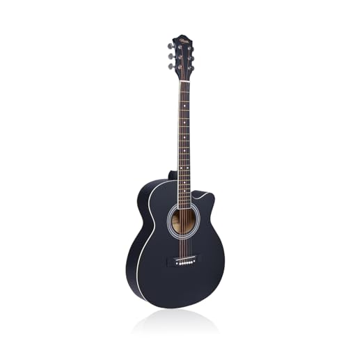 Image of Henrix Basswood PRO 40C 40-Inch Cutaway Acoustic Guitar With Dual Action Truss Rod, Gigbag, Picks, String Set, Strap, Cloth & Ebook - Black
