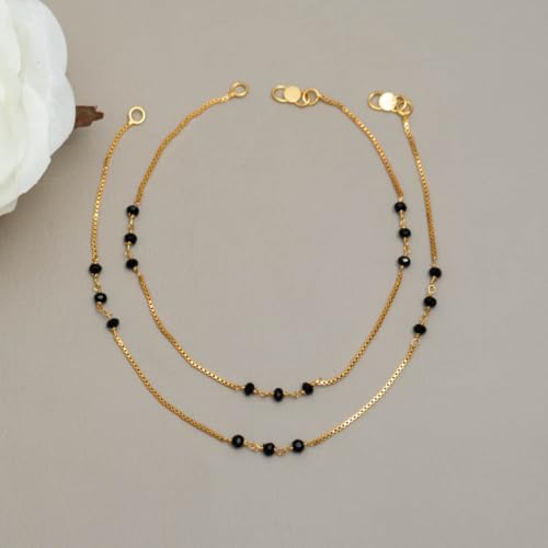 Image of 11 Inches Simple Gold Plated Black Beads Anklets for Women and Girls Pack of 2