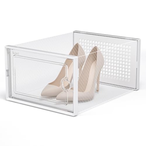 Image of Kuject X-Large Shoe Storage Boxes Organizers Clear Plastic Stackable 12 Pack, Shoe Rack & Holder Substitute, Sneaker Containers, Toy Storage Organizer Bins for Entryway, Closet, Under Bed, White
