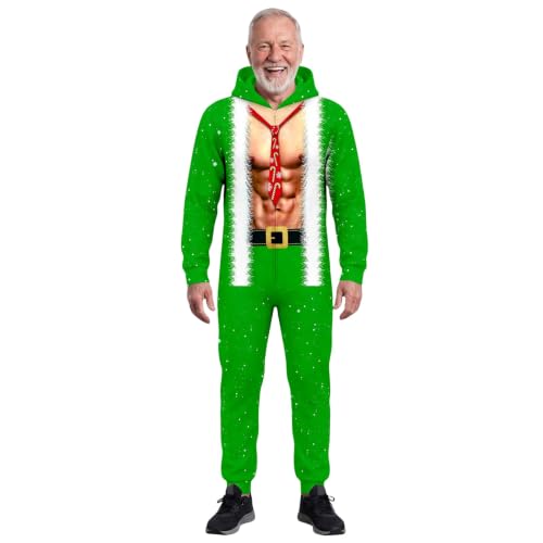 Men Santa Elf Cosplay Hooded Onesie Funny 3D Fake Muscle Printed Jumpsuit - image 1