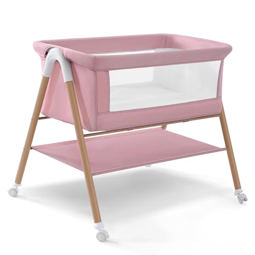 Beistellbett Baby, Tragbar kinderbett mit Matratze für Baby Bett mit Rollen, Kinderreisebett Moskitonetz Aufbewahrung für Säugling Neugeborenes Leichtes und atmungsaktives Maschen-Design Rosa