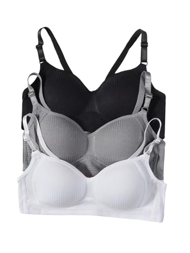 OYOANGLE Girl's 3 Pack Ribbed Training Bras Breathable Comfy Padded Bra with Adjustable Straps