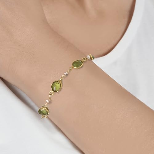 Ltc Designs 14K Gold-Plated Sterling Silver Bezel Set Peridot Bracelet With White Cultured Freshwater (3.5-4Mm) Potato Pearl Accents thumb #1