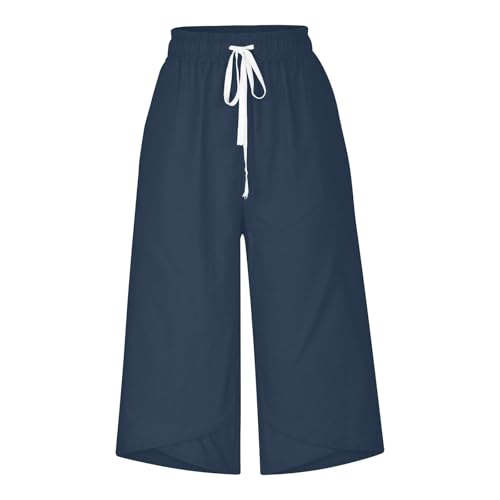 Capri Pants for Women Summer Linen Wide Leg High Waisted Drawstring Capris Lightweight Elastic Cropped Pants2