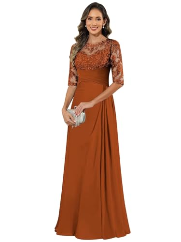 Mother of The Bride Dresses for Women Scoop Neck Half Sleeve Chiffon Lace Applique Formal Evening Dress