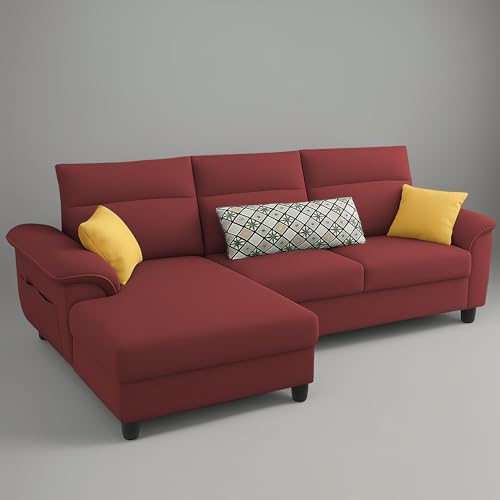 Image of Casaliving Seams LHS 4 Seater L Shape Sofa for Living Room (Maroon Fabric) Premium Fabric Sofa