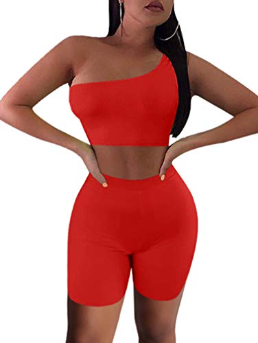 LAGSHIAN Women\'s Sexy 2 Pieces Outfit One Shoulder Crop Top Short Pants Bodycon Sets red