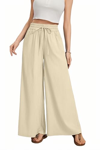 Image of KICZOY Women Flowy Pants Drawstring Waist Wide Leg Palazzo Beach Pants Loose Fit with Pockets
