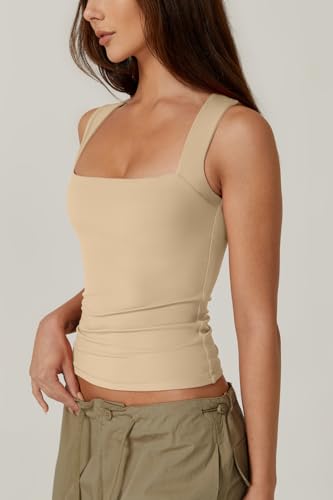 Image of QINSEN Women's Square Neck Sleeveless Double-Layer Tank Tops Basic Tight T Shirts