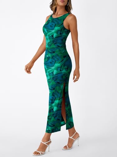 Image of Trendy Queen Bodycon Maxi Dress Womens Sleeveless Floral Print Fitted Party Club Ruched Dresses with Side Slit