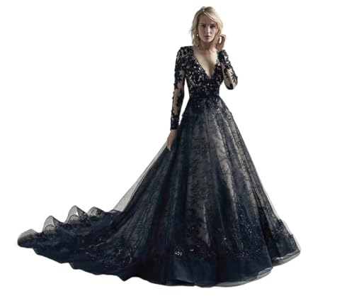 TRHTX Gothic Black Wedding Dresses for Bride Long Sleeve Bridal Gowns V Neck Lace Appliques Wedding Gowns with Train