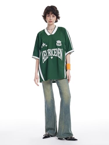 Aelfric Eden Jersey Shirts Women Oversized Mesh V Neck Graphic Tees Y2k Color Block Short Sleeve T Shirt Tops