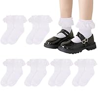 Sahunfri 6 Pairs Frilly Lace Ankle Socks,Girls White School Socks with Delicate Lace Trim and Cute Bows,Perfect for Dressing up School Parties Everyday (UK, Age, 3 Years, 6 Years, Regular, White)