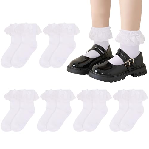 Sahunfri 6 Pairs Frilly Lace Ankle Socks Girls White School Socks with Delicate Lace Trim and Cute Bows Perfect for Dressing up School Parties Everyday (UK Age 3 Years 6 Years Regular White)