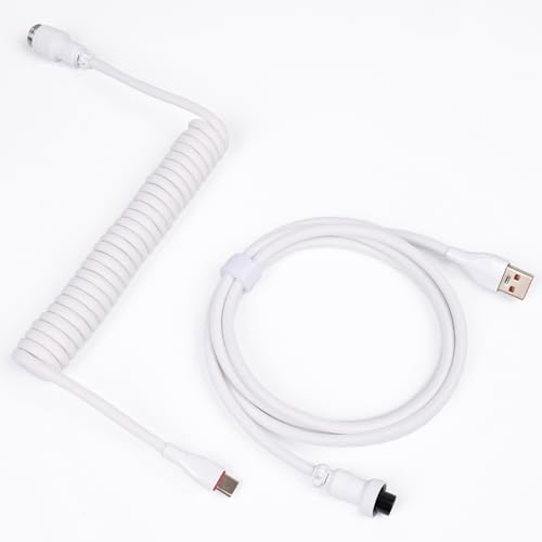 Sikai Coiled Cabel USB C für Gaming Tastatur,Keyboard Cable,Spiralkabel mit Aviator Stecker,Goldbeschichtet,Geflochten,Zweiteilig Einziehbar für Mechanische Tastaturen (nur Kabel, Weiß)