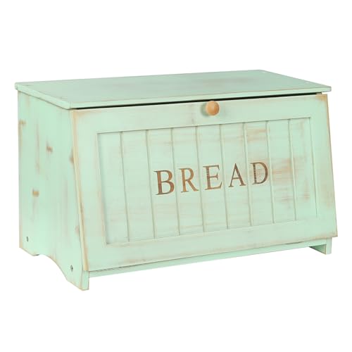 HOMEKOKO Large Wood Bread Box for Kitchen Counter, Retro Design Single Layer Bamboo Large Capacity Food Storage Bin (Mint Green)