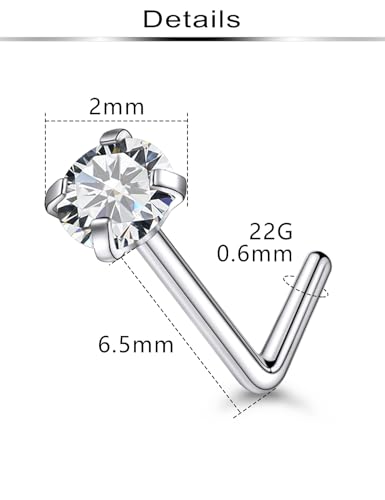 Ftovosyo 20Pcs Nose Rings Studs Surgical Steel L-Shape Nose Rings For Women Silver 2Mm Cubic Zirconia Nose Screw Studs Hypoallergenic Nose Piercings 22G thumb #1