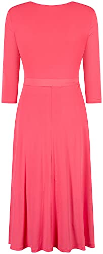 Image of Women's 3 /4 Sleeve V-Neck Printed Knee Length Midi Faux Wrap Floral Dress Coral L