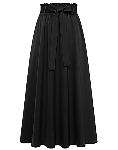 BeryLove Damen Rock Lang Elegant Maxirock mit Gürtel A Linie Faltenrock Hoch Taille BLP9003-Black M Cover