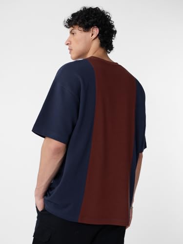 Image of The Souled Store Marvel: Classic Logo Men and Boys Short Sleeves Round Neck Blue and Brown Embroidered Cotton Oversized T-Shirts