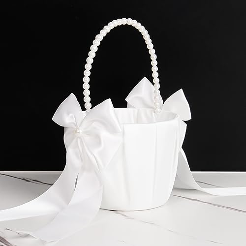 Flower Girl Baskets for Weddings White Flower Basket with Pearl Handle for Flower Girls