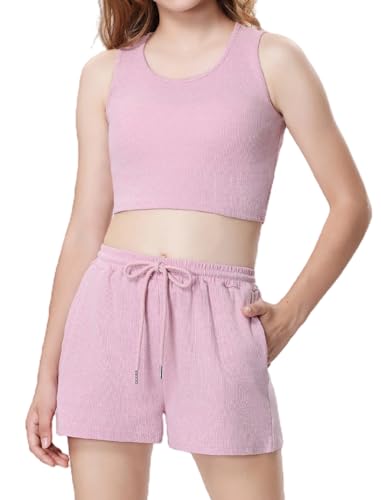 Image of Mebius Girl's 2 Piece Outfit Crop Tops Shorts Set Ribbed Knit Cropped Tank Tops Sleeveless Round Neck