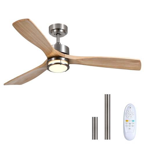 Image of 52 Inch Ceiling Fans with Lights and Remote Control, 3 Blade Ceiling Fan with Light for Bedroom Living Room Indoor Outdoor Patio, Reversible, 3CCT, Dimmable, Noiseless DC Motor, Nickel & Natural Wood