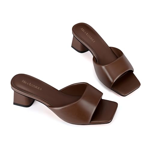 Image of MIRAAZZURRA Heel Mules for Woman Square Open Toe Chunky Block Short Low Heel Slip on Heeled Sandals Casual Comfort Party Shoes