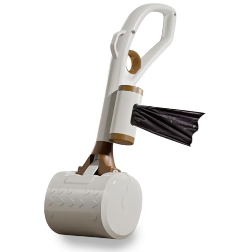 SRTFINE Pooper Scooper with Handle 14”, No Touch Waste Pickup Tool for Large Medium Small Dogs,Portable for Lawn Grass Dirt Gravel, Includes 1 Rolls Waste Bags (Brown)
