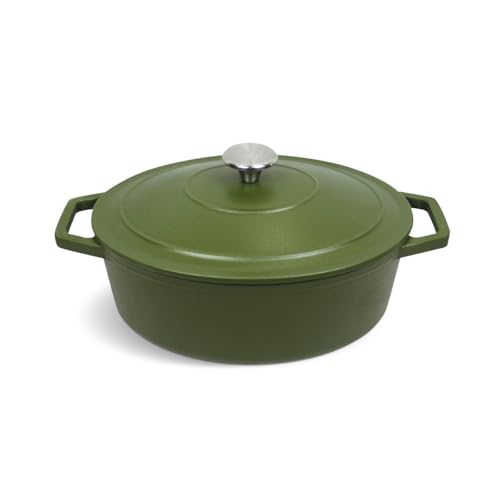 QULINART Cocotte en fonte d'acier ovale 4.7L couvercle en fonte avec poignée en inox sans PFOA, Compatible tous feux dont induction, four, réfrigérateur, congélateur, lave-vaiselle - Vert Mat Ø 30 cm