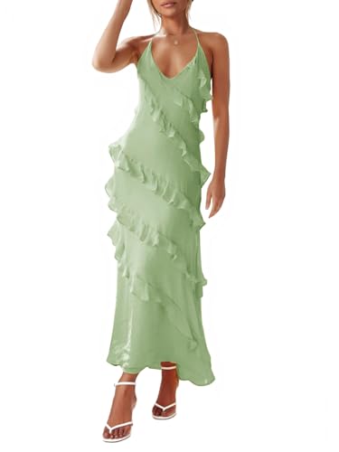 Wenrine Womens Sexy Chiffon Halter Maxi Dress Sleeveless Backless Ruffle Tassel Party Club Dresses Light Green