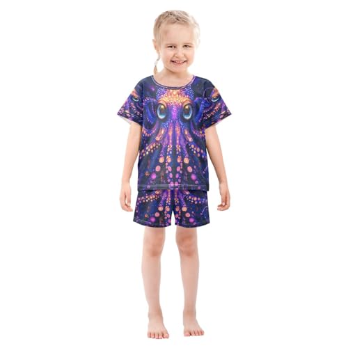 ALAZA Octopus Magic Kraken Pajamas Set Short Sleeve Cotton Sleepwear Summer Pjs 2 Piece 5-14Y3