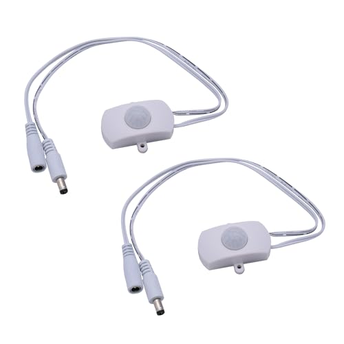2Pcs Mini PIR Motion Sensor Switch, DC 5-24V 2A Infrared Activated Switch Controller for LED Strips &amp; Wall Lamps, White