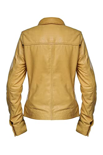 Womens Button Front Lambskin Leather Jacket Shacket - Casual Shirt Long Sleeve Leather Jacket Women With Bust Pocket (Yellow-L) #TOP3