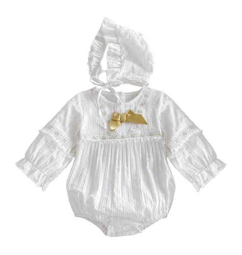 Symunnia Baby Girl Fall Clothes Outfits Cute Long Sleeve Ruffles Embroidered Bubble Romper Lapel Jumpsuit Bodysuit with Hat 2PCS(3-6months,White#1)