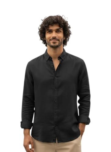 Image of Men's Linen Cotton Shirt | Solid Design | Full Sleeve | Regular Fit | Button Down Collar | Summer Casual & Formal Wear