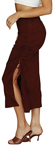 CHARTOU Women's Skinny Stretch High Rise Ruched Ribbed Side Slit Office Bodycon Midi Pencil Skirt