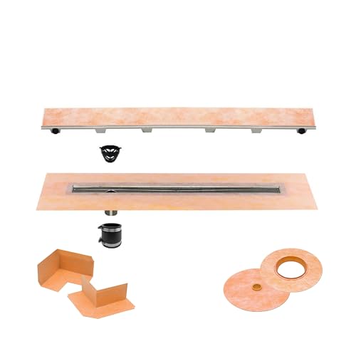All-in-one Waterproof Linear Shower Drain Kit with 44 Inch Off-Set Outlet Channel Body (KL1VO60E110) and Drain Grate Assembly (Cover) in Tileable Design(KL1DROE110)